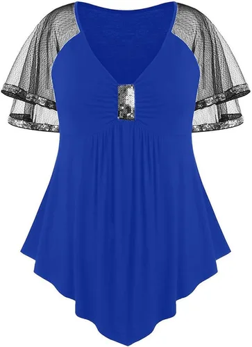 Vista 5 de VEZAD Store Blusa de manga 34 asimétrica con encaje floral liso para mujer, talla grande