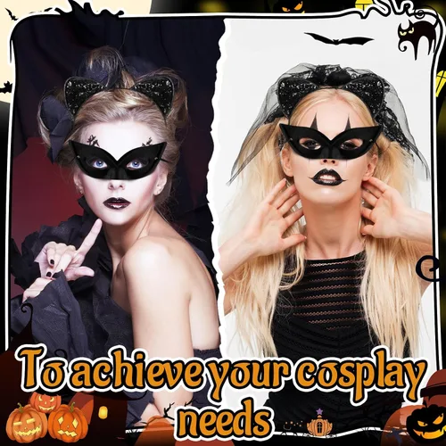 Vista 3 de Crowye 20 piezas de máscara de Halloween negro y gato con brillantina, disfraz de gato cosplay, accesorio de disfraz para mujeres y adultos, niños