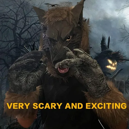 Vista 4 de Bygytyo Máscara de cabeza de lobo y garras de Holloween - Máscara de terror para fiesta de cosplay, disfraz de hombre lobo, regalo perfecto
