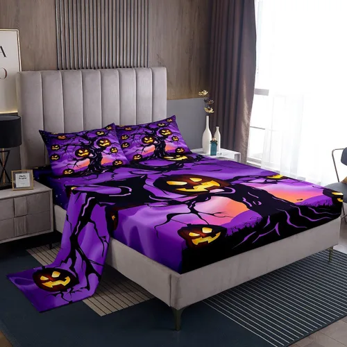 Vista 7 de Erosebridal Sábanas de Halloween para niños y niñas, juego de sábanas espeluznantes de dibujos animados, tamaño individual, juego de ropa de cama
