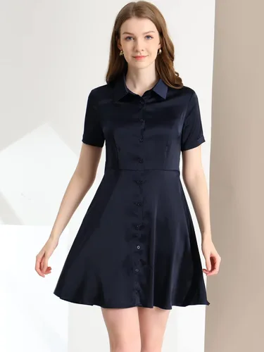 Vista 5 de Allegra K Vestido elegante de satén para mujer de manga corta con botones y cinturón, M