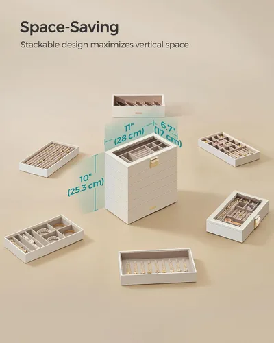 Vista 8 de SONGMICS Bandejas de joyería apilables, caja de joyería de 6 niveles, organizador de joyas con cajón, con tapa de vidrio, divisores extraíbles