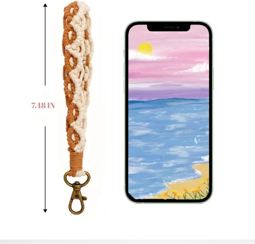 Vista 2 de Llavero de macramé para mujer, cordón de muñeca para llaves de coche, bonitos llaveros bohemios, pulsera para niñas