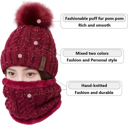 Vista 2 de LCZTN - Gorro de lana con pompón para mujer conjunto de gorro y bufanda para niñas bonito gorro de invierno para esquí, de punto holgado con forro