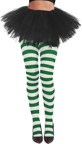 Vista 6 de American Trends Medias de rayas para mujer, mallas de bruja para disfraz de Halloween, medias elásticas Verde Negro (Green Black Stripe)