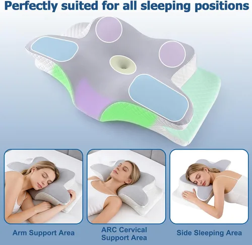 Vista 4 de Almohada cervical de espuma viscoelástica – Almohada ortopédica ajustable de contorno para soporte de cuello y hombros, inodora, apta para dormir