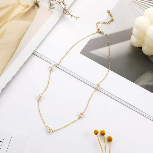 Vista 6 de Tewiky Collares de perlas para mujer, collar de oro delicado chapado en oro de 14 quilates, collar de perlas simples para mujer, collar de oro lindo