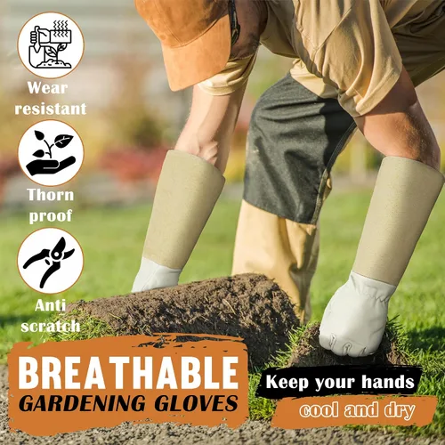 Vista 5 de HANDLANDY Guantes de poda largos para hombres y mujeres, de piel de cerdo, guantes de jardinería de rosas, guantes transpirables y duraderos