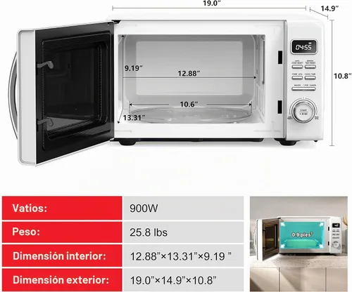Vista 3 de Galanz GLCMKZ09WER09 Horno microondas retro para encimera con cocción y recalentamiento automático, descongelación, funciones de inicio rápido