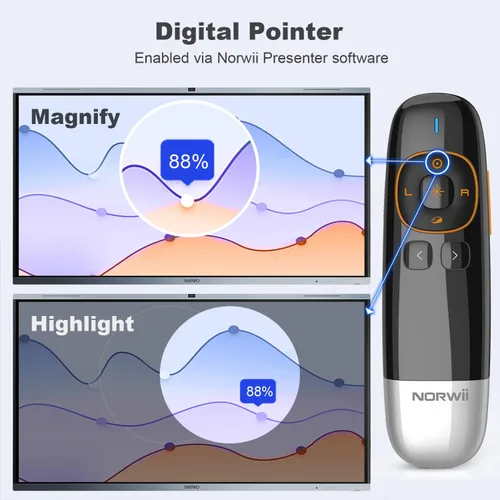 Vista 6 de Norwii N86s - Clicker ergonómico de presentación inalámbrico para pantalla LED LCD TV con puntero digital, Air Mouse Presentation Clicker