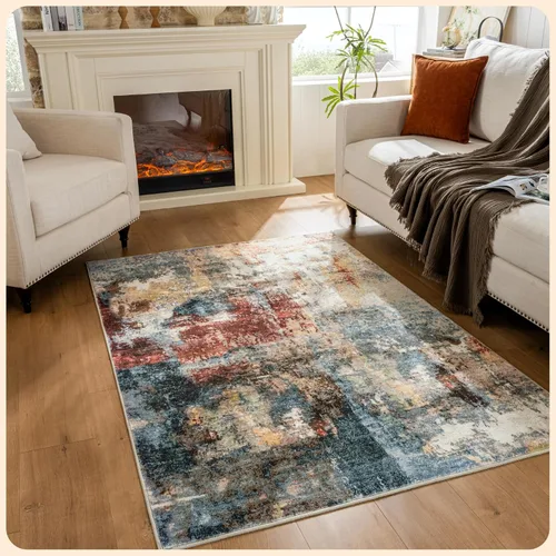Vista 289 de Istana Alfombra larga antideslizante de 2.5 x 8 para el hogar, para pasillo y cocina, lavable, sedosa y suave al tacto, elegante, color azul y marfil