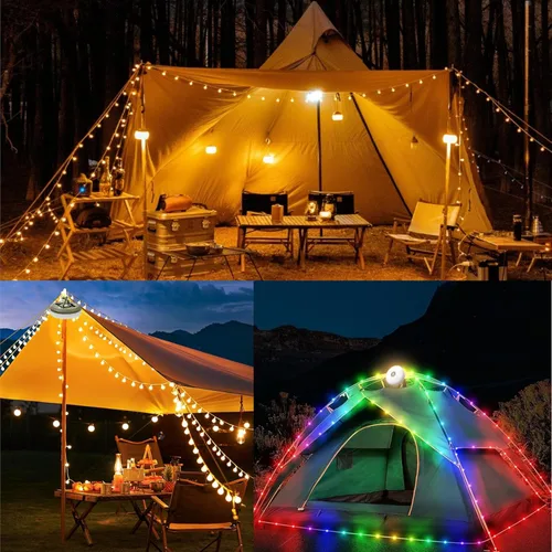Vista 2 de Guirnalda de luces de camping, equipo esencial de campamento, luces de lámpara de 32.8 pies, impermeables, 4 en 1, cadena de luces para exteriores