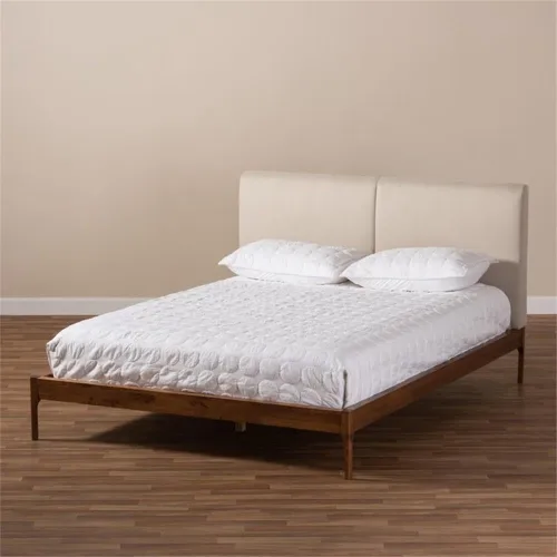 Vista 6 de Baxton Studio Aveneil Mid-Century - Cama tapizada de tela beige con acabado de nogal tamaño matrimonial