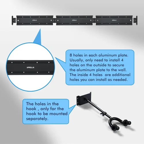 Vista 4 de Perchas de montaje en pared para guitarras múltiples guitarras, ganchos ajustables de 180° de aluminio de alta calidad, soporte de metal para violín