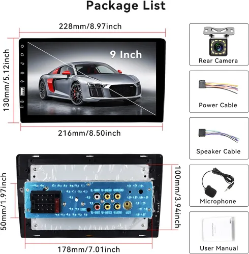 Vista 7 de Estéreo de automóvil de un solo DIN con Bluetooth de 9 pulgadas, pantalla táctil HD, estéreo para automóvil con cámara de respaldo + micrófono