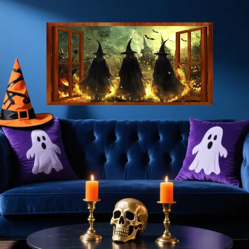 Vista 9 de Calcomanías de pared de bruja de Halloween 3D con escena de Halloween, calcomanías de pared falsas para ventana, mural grande, papel tapiz