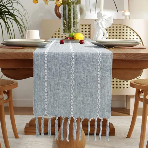 Vista 11 de Wracra Camino de mesa de lino rústico estilo granja, camino de mesa bordado de 36 pulgadas de largo con borlas a mano para fiestas, decoración