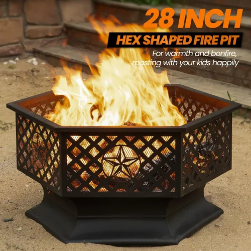 Vista 3 de Panovue Fogata Hexagonal de 28 Pulgadas, Fogatas de Leña para Exteriores con Pantalla Contra Chispas y Atizador, Fogata Hexagonal de Metal