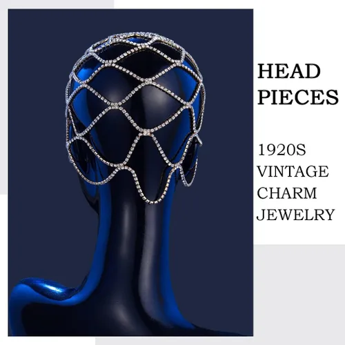 Vista 3 de Rhinestone tocados casquillo vintage cristal cabeza cadena boda aleta pelo joyería Gatsby mujeres accesorios para el pelo