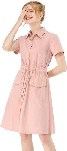 Vista 3 de Allegra K Vestidos de safari para mujer, de manga corta, de algodón, con cuello abotonado, vestido camisero