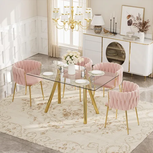 Vista 2 de Glam Style - Juego de mesa de comedor de 5 piezas para 4, mesa de comedor rectangular de vidrio templado de 51 pulgadas con base de metal dorado