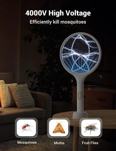 Vista 2 de YISSVIC Matamoscas eléctrico de 4000 V, raqueta matamoscas de insectos de doble modo con luz de mosquitos morada recargable para interiores, hogar