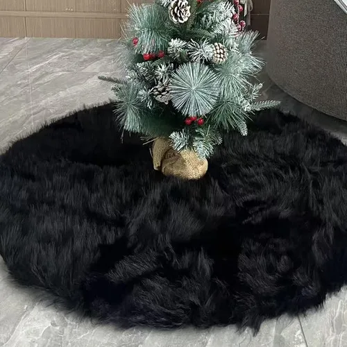 Vista 4 de Falda de árbol de Navidad de felpa negra de 24 pulgadas, pequeña, de piel sintética gruesa, lujosa decoración navideña para Año Nuevo, decoración
