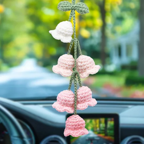Vista 21 de Accesorios para colgar espejos de automóvil, colgante de flor de lirio tejido hecho a mano, bonita decoración colgante de ganchillo para espejo