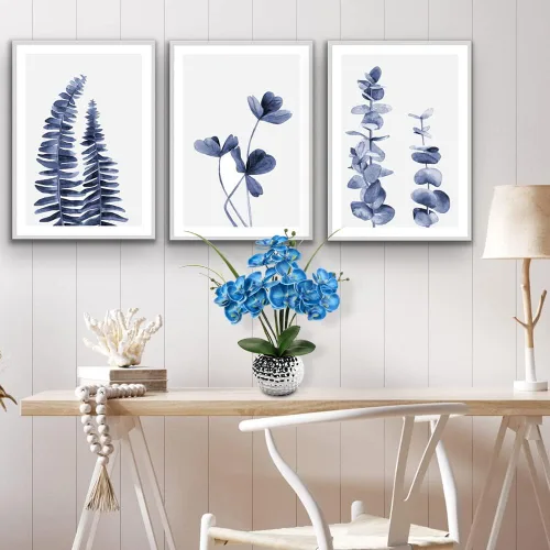 Vista 3 de Briful Orchids Flores artificiales, 20 pulgadas, flores de orquídea sintética azul con jarrón plateado, flores falsas de seda Phalaenopsis para Azul