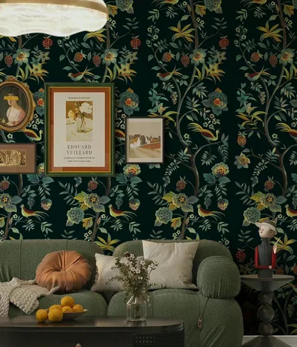 Vista 7 de Toduso Papel tapiz para despegar y pegar, papel tapiz floral vintage, papel de contacto con flores verdes, pájaros, árbol, papel de contacto