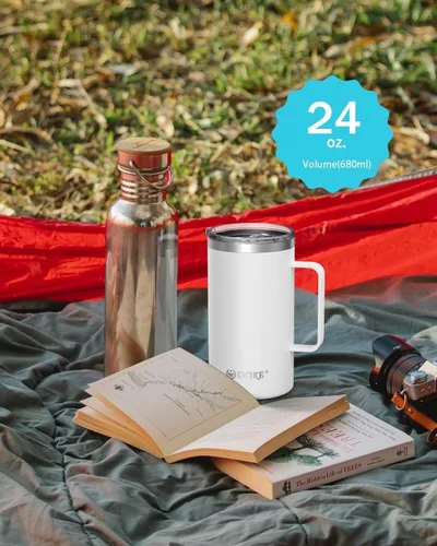 Vista 4 de Taza de viaje de 24 onzas con asa y tapa, taza de café aislada, taza de café de acero inoxidable, regalo de campamento para hombres y mujeres