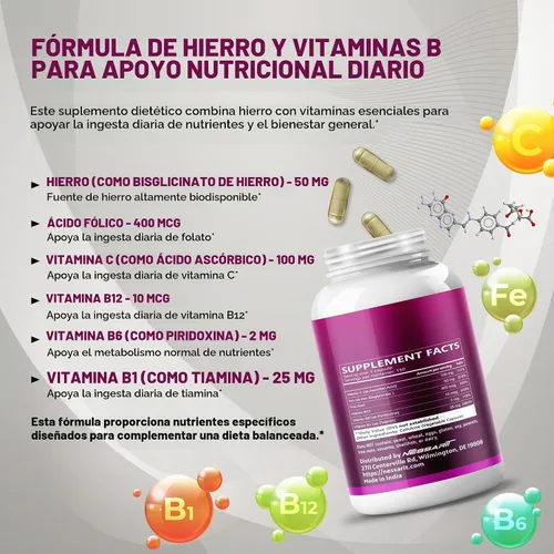 Vista 4 de Bisglicinato de hierro natural Nessarit 6 en 1 con vitamina C, 150 cápsulas