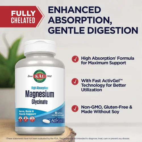Vista 4 de KAL Glicinato de magnesio ActivGels 315 mg, suplemento de magnesio de alta absorción para apoyo a la salud muscular, nerviosa y ósea, sin OMG, sin