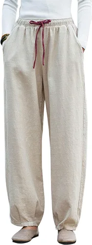 Vista 9 de Pantalones de lino y algodón holgados para mujer, con cintura elástica para relajarse. Pantalones estilo harén Verde militar