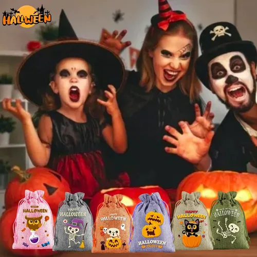 Vista 5 de HIPIHOM 24 bolsas de regalo con cordón de arpillera, bolsas de dulces para decoración de fiesta de Halloween
