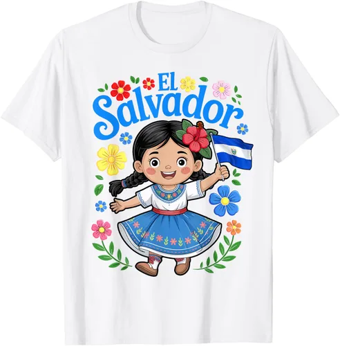 Vista 25 de Camiseta de estilo tradicional floral para niña con la bandera de El Salvador