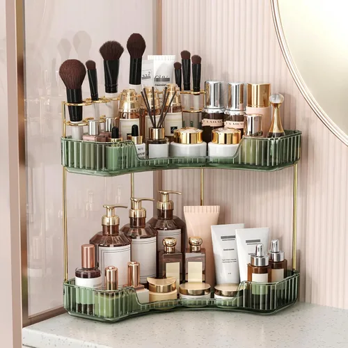 Vista 10 de BEFSOP Organizador de esquina para mostrador de baño, organizador de maquillaje mejorado de 2 niveles con soporte para brochas de maquillaje