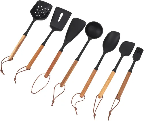Vista 9 de Juego de utensilios de cocina de 7 piezas, material de silicona con tolerancia al calor, construcción de mango de madera, adecuado para superficies