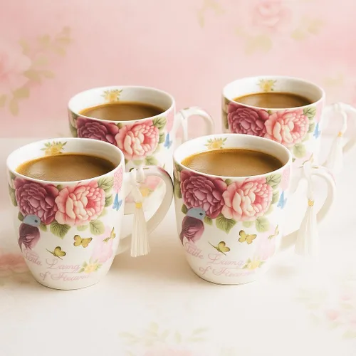 Vista 3 de London Boutique Juego de tazas de café de té, 4 porcelana, pájaro, rosa, mariposa, diseño Shabby Chic en caja de regalo, 11 oz