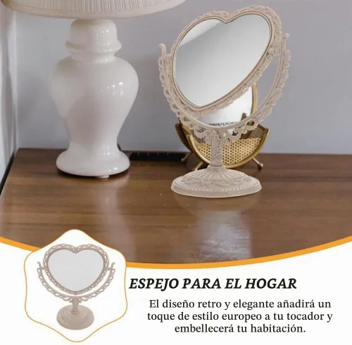Vista 7 de AKOAK Espejo cosmético en forma de corazón, plástico, de doble cara, giratorio, ligero, espejo de baño y dormitorio (beige)