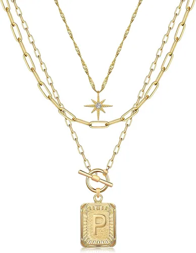 Vista 27 de MJartoria Collares con iniciales en capas para mujer, modernos, chapados en oro de 14 quilates, cadena de papel, collar sencillo con dije de Dorado