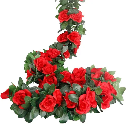 Vista 9 de LESING Guirnalda de rosas artificiales, 4 unidades (28.8 pies), guirnalda de flores de seda falsa con plantas verdes, guirnaldas de flores colgantes