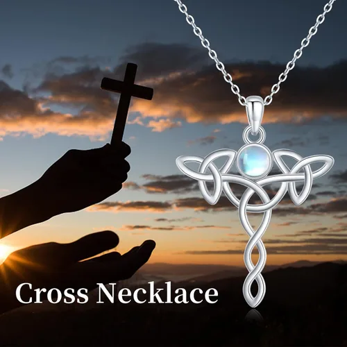 Vista 6 de Celtic Knot Necklace 925 Sterling Silver Pentagram Necklace Moon Pentacle Pendant Cross Triple Moon Goddess Amulet Moonstone Jewelry Gifts for Women