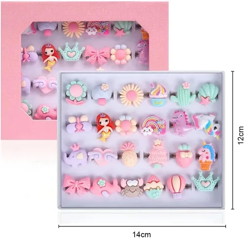 Vista 2 de OSDUE Anillos ajustables para niña, 24 anillos de juego en caja sin duplicados para niños, anillos de simulación y disfraces para niñas de 3 a 12