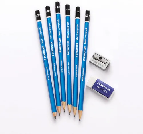 Vista 3 de Set de lápices de dibujo Staedtler Mars Lumograph de grafito, 6 grados (6B, 4B, 2B, B, HB, 2H), mini goma de borrar Mars de plástico, sacapuntas