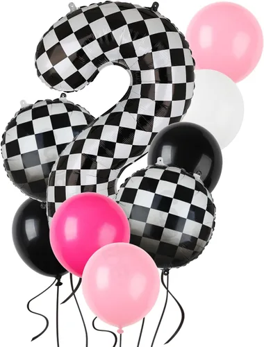 Vista 12 de Paquete de globos de auto de carreras azul y negro de 40 pulgadas, globo de números a cuadros 2 en blanco y negro, globos de látex para niños, dos
