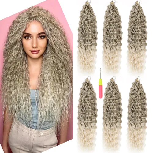 Vista 9 de Extensiones de cabello ondulado con ganchillo Ocean Wave de 18 pulgadas, 6 paquetes, extensiones de cabello de ganchillo sueltas de onda profunda #1B