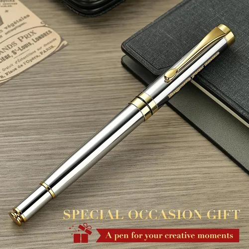 Vista 7 de BEILUNER - Bolígrafos personalizados de alta calidad, impresionante bolígrafo de metal cromado de plata brillante con borde dorado, elegante set