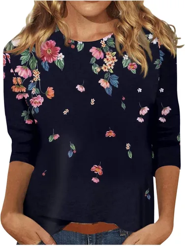 Vista 46 de Camisetas personalizadas para mujer, a la moda, casual, de séptima manga, estampada, cuello redondo, camiseta