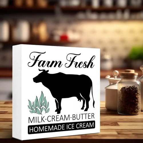 Vista 5 de LVQHI Letrero de madera artesanal con diseño de granja de crema de leche fresca y mantequilla, heladería casera, letrero de granja lechera